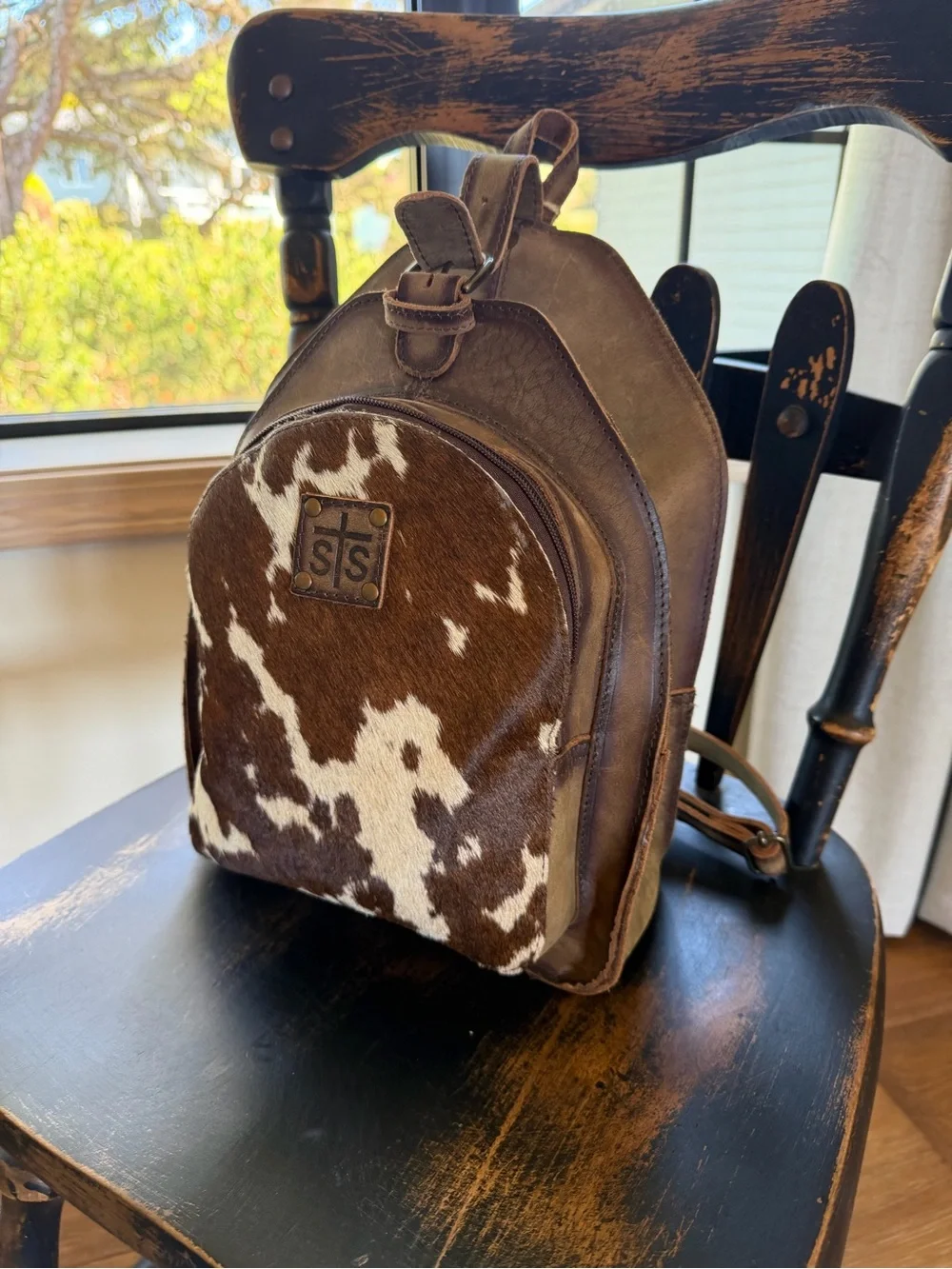 STS Ranchwear Brown Leather and Brown/White Cowhide Mini Backpack